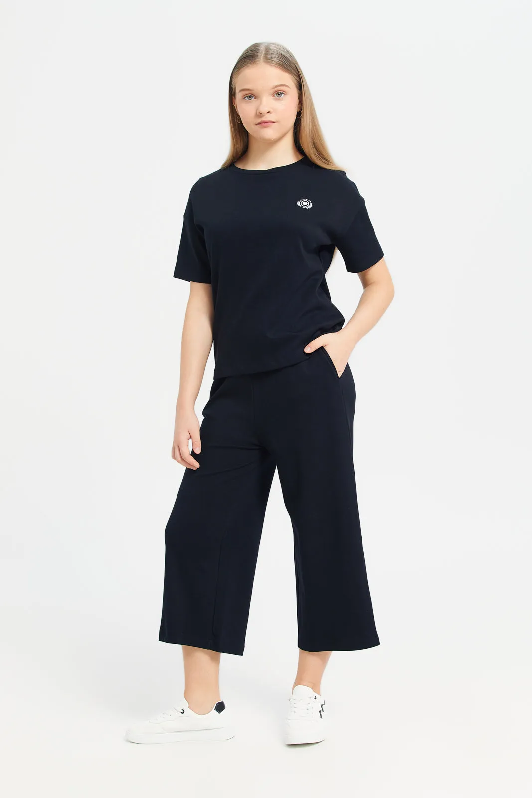 Senior Girls Black Plain Wide Leg Pants