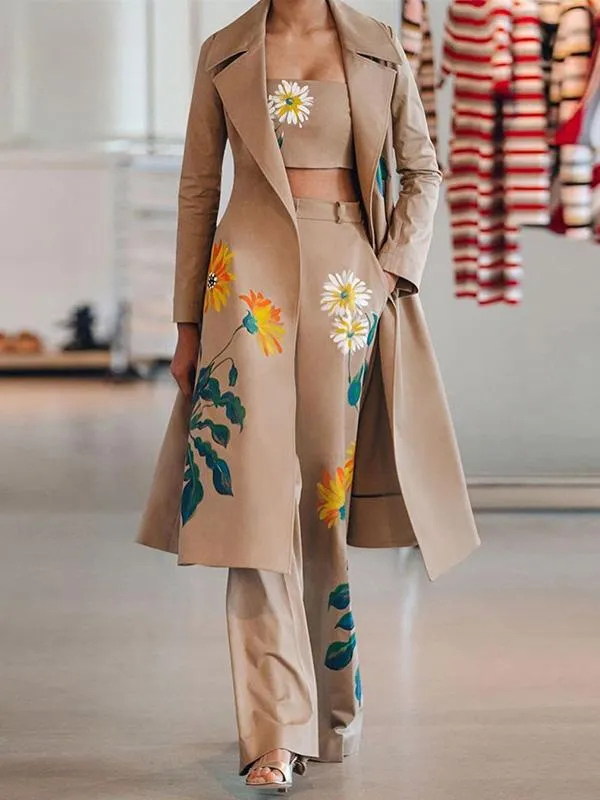 Sets Three-Piece Long Printed Tube Top Trousers Trench Coat for Women