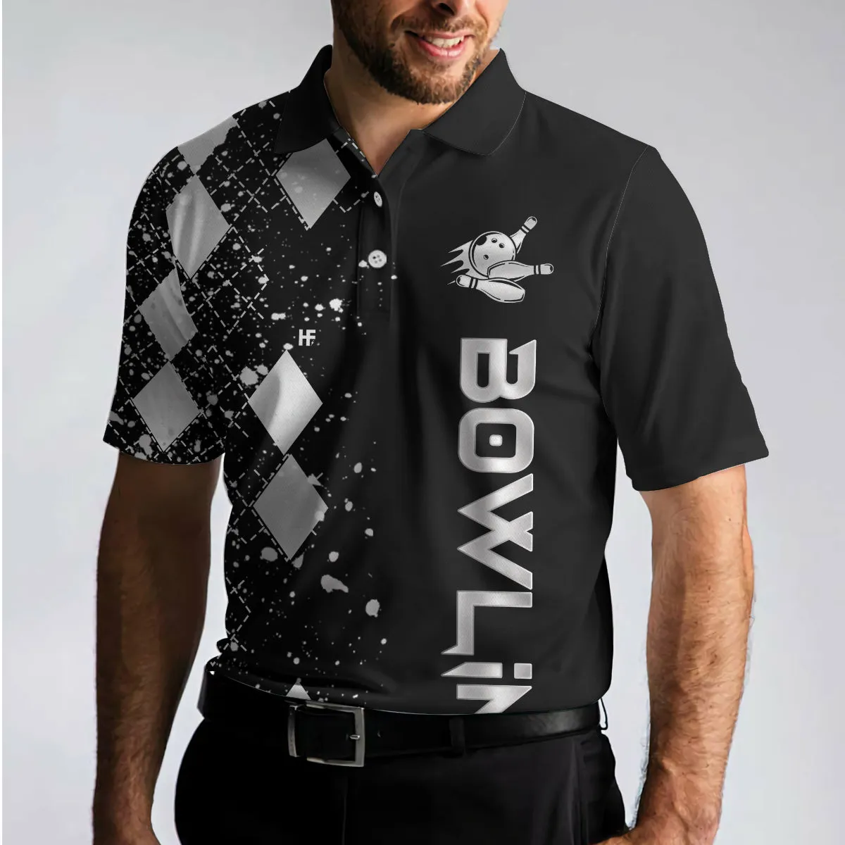 Silver Bowling Polo Shirt, Black And Silver Argyle Pattern Bowling Shirt For Men Coolspod