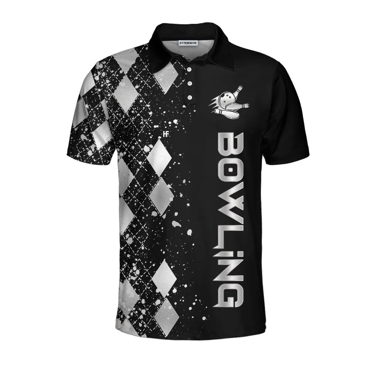 Silver Bowling Polo Shirt, Black And Silver Argyle Pattern Bowling Shirt For Men Coolspod