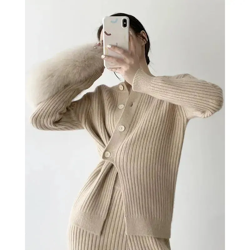 Single Breasted Irregular Knitted Two-piece Sweater