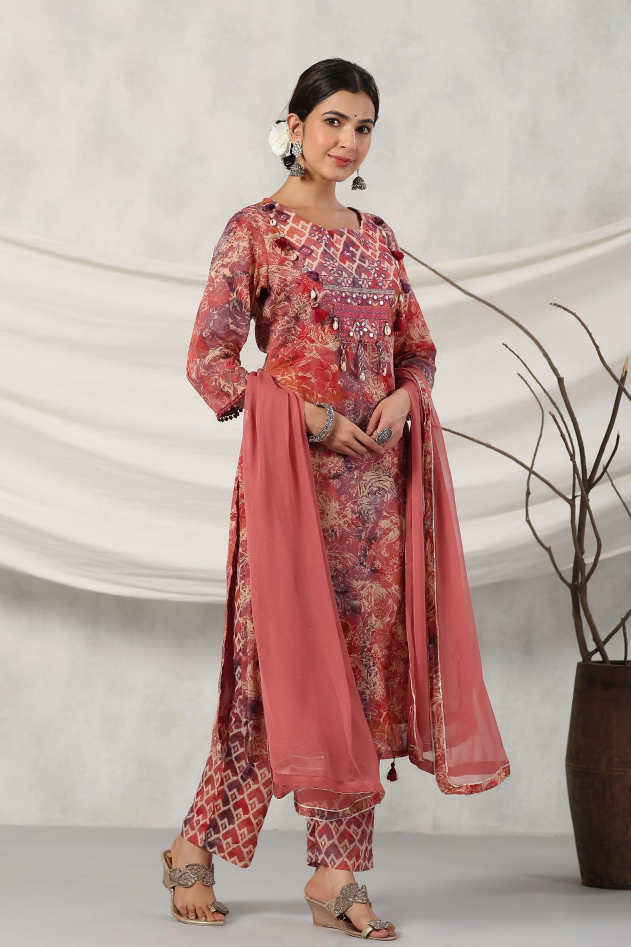 Terracotta Mirrored Cotton Suit Set