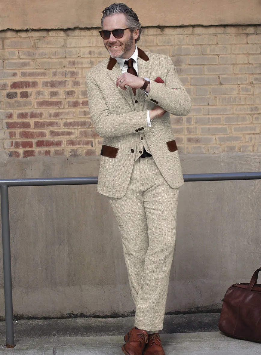 Vintage Herringbone Light Beige Tweed Suit - Leather Trims