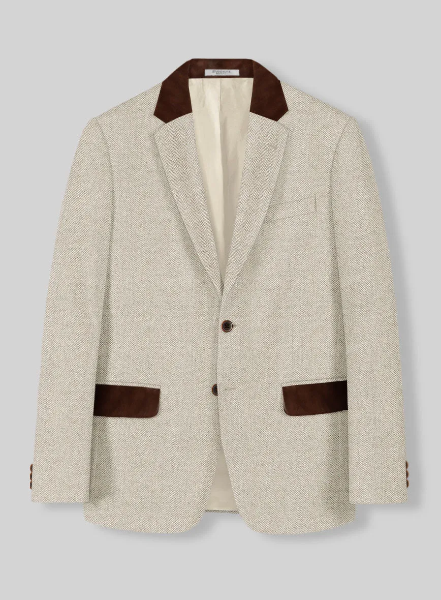 Vintage Herringbone Light Beige Tweed Suit - Leather Trims