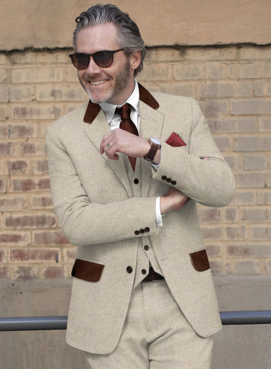 Vintage Herringbone Light Beige Tweed Suit - Leather Trims