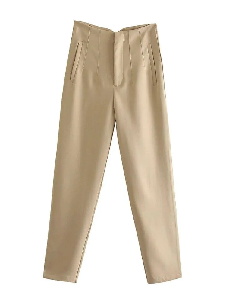 Vintage High-Waist Zipper Fly Trousers: Stylish Workwear for Women