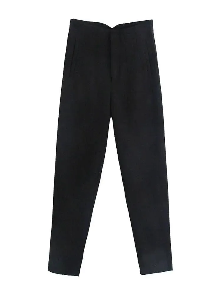 Vintage High-Waist Zipper Fly Trousers: Stylish Workwear for Women