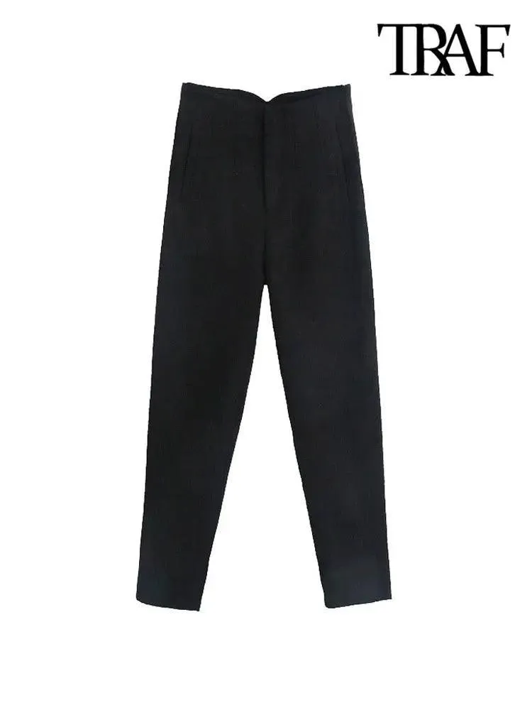 Vintage High-Waist Zipper Fly Trousers: Stylish Workwear for Women