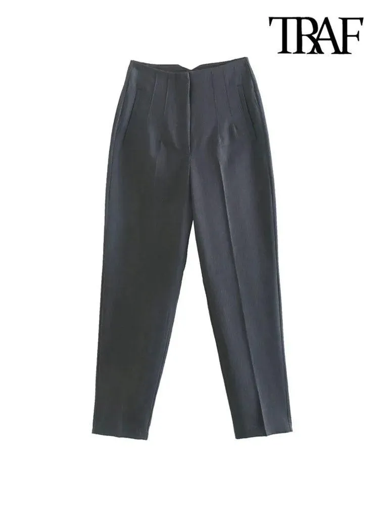 Vintage High-Waist Zipper Fly Trousers: Stylish Workwear for Women