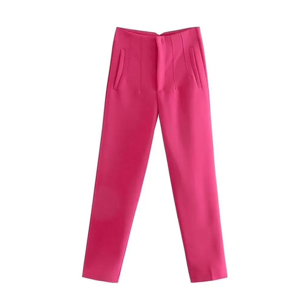 Vintage High-Waist Zipper Fly Trousers: Stylish Workwear for Women