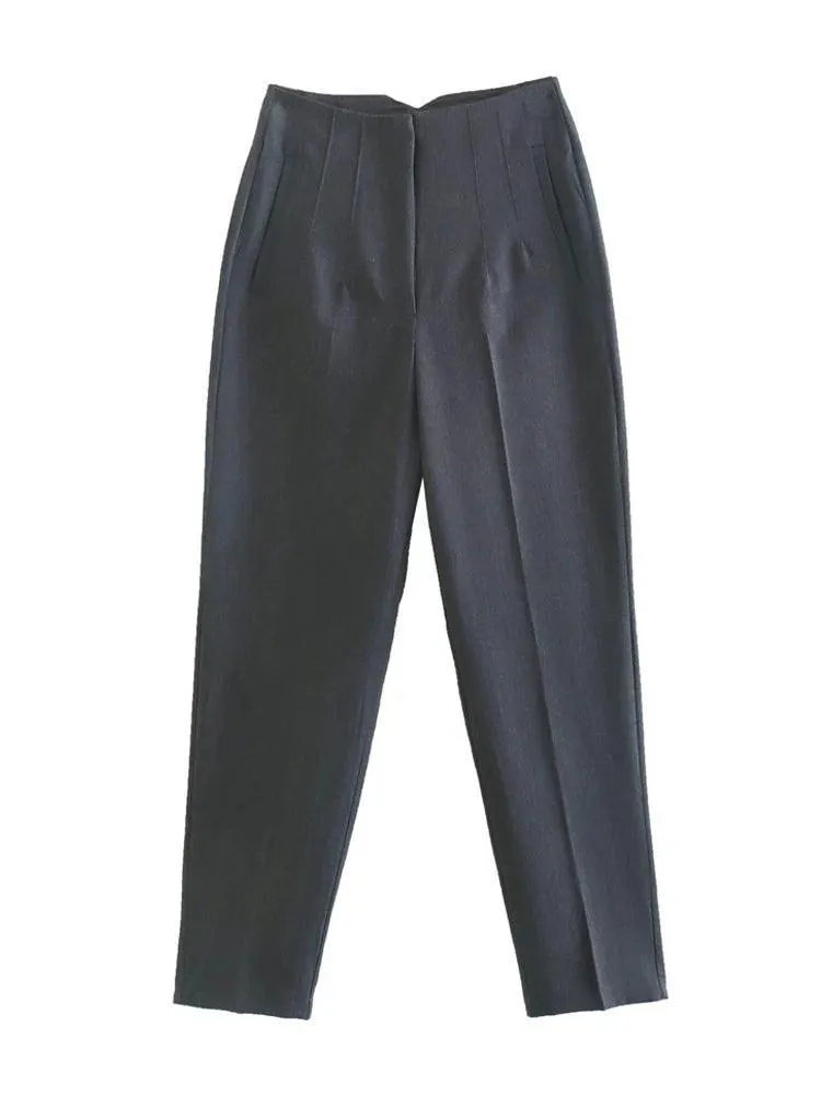 Vintage High-Waist Zipper Fly Trousers: Stylish Workwear for Women