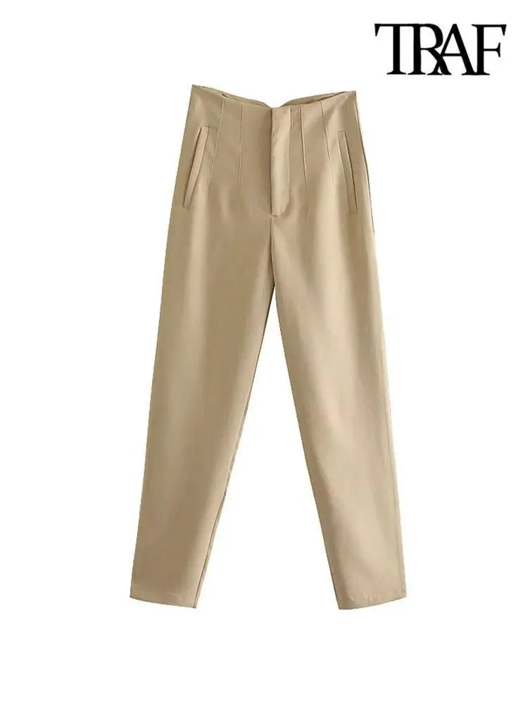 Vintage High-Waist Zipper Fly Trousers: Stylish Workwear for Women