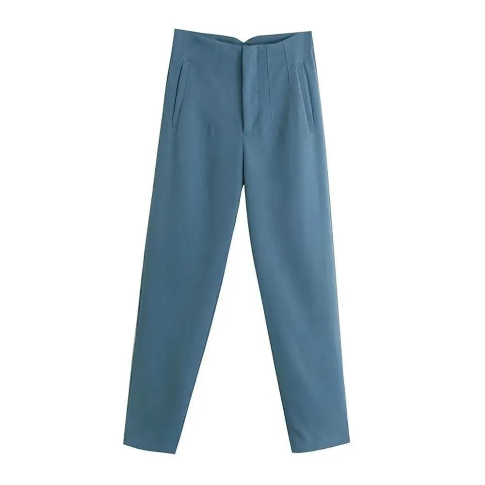 Vintage High-Waist Zipper Fly Trousers: Stylish Workwear for Women