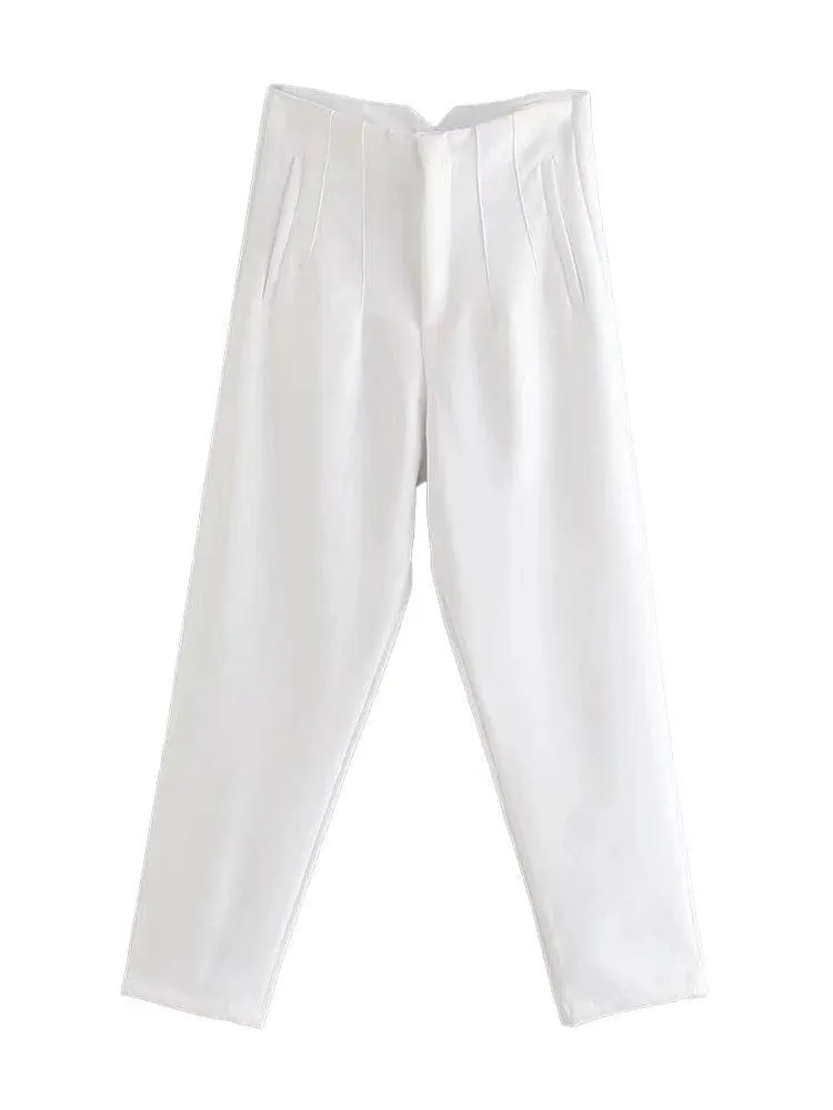 Vintage High-Waist Zipper Fly Trousers: Stylish Workwear for Women