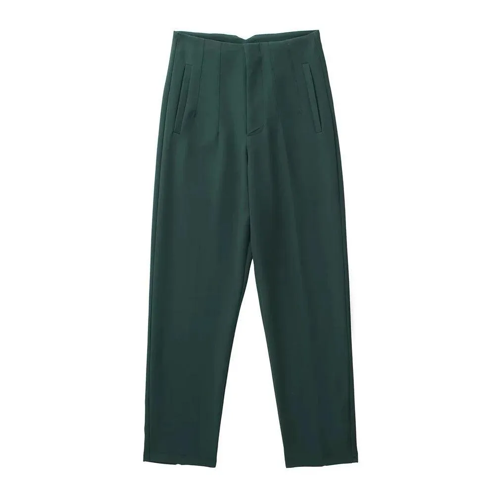 Vintage High-Waist Zipper Fly Trousers: Stylish Workwear for Women