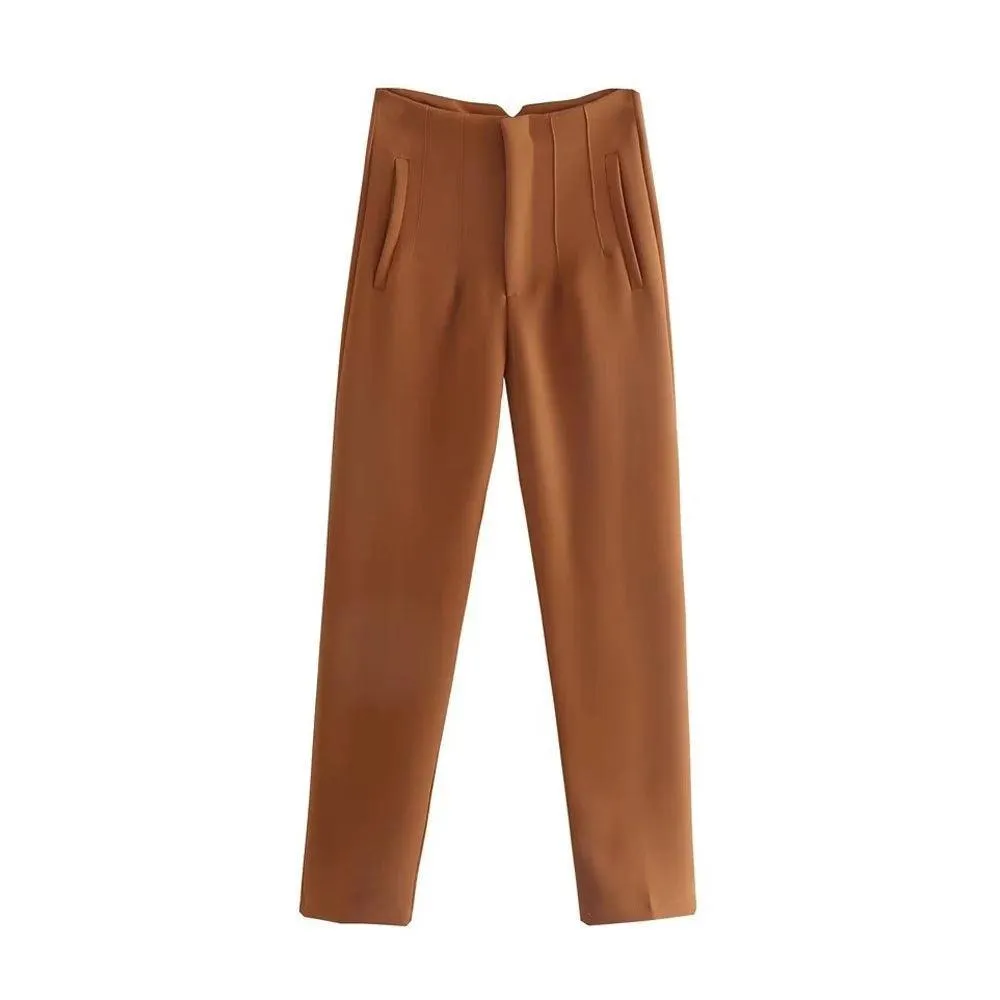 Vintage High-Waist Zipper Fly Trousers: Stylish Workwear for Women