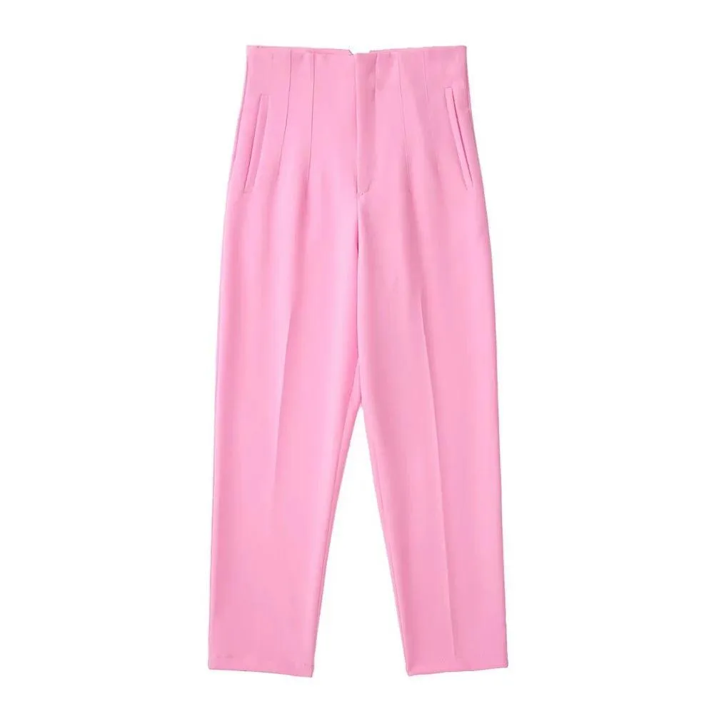 Vintage High-Waist Zipper Fly Trousers: Stylish Workwear for Women