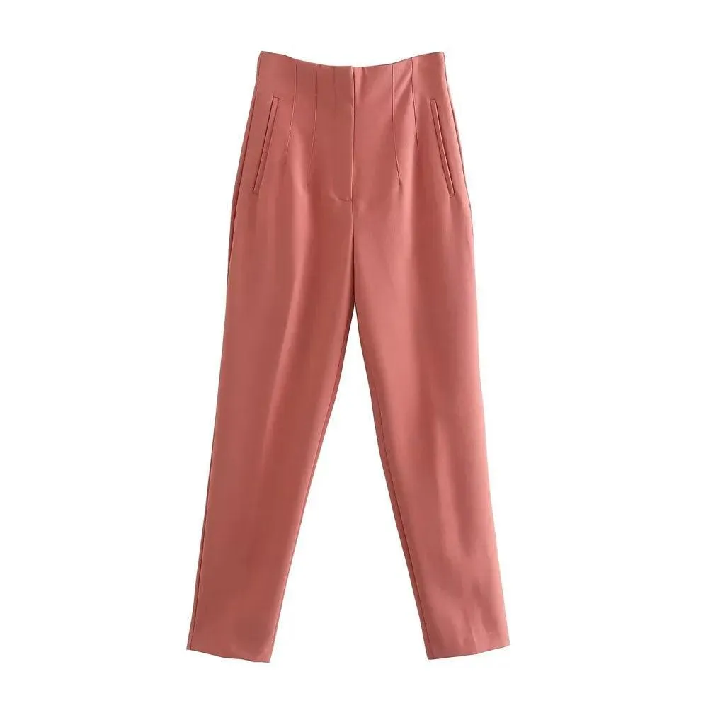 Vintage High-Waist Zipper Fly Trousers: Stylish Workwear for Women