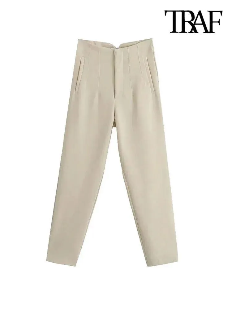 Vintage High-Waist Zipper Fly Trousers: Stylish Workwear for Women