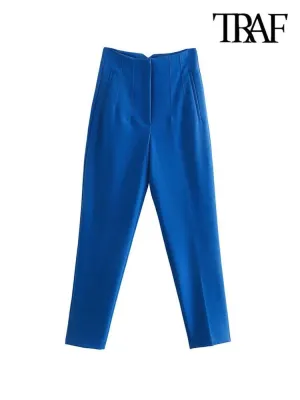 Vintage High-Waist Zipper Fly Trousers: Stylish Workwear for Women