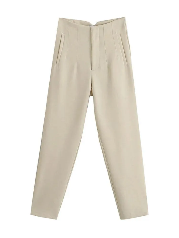 Vintage High-Waist Zipper Fly Trousers: Stylish Workwear for Women