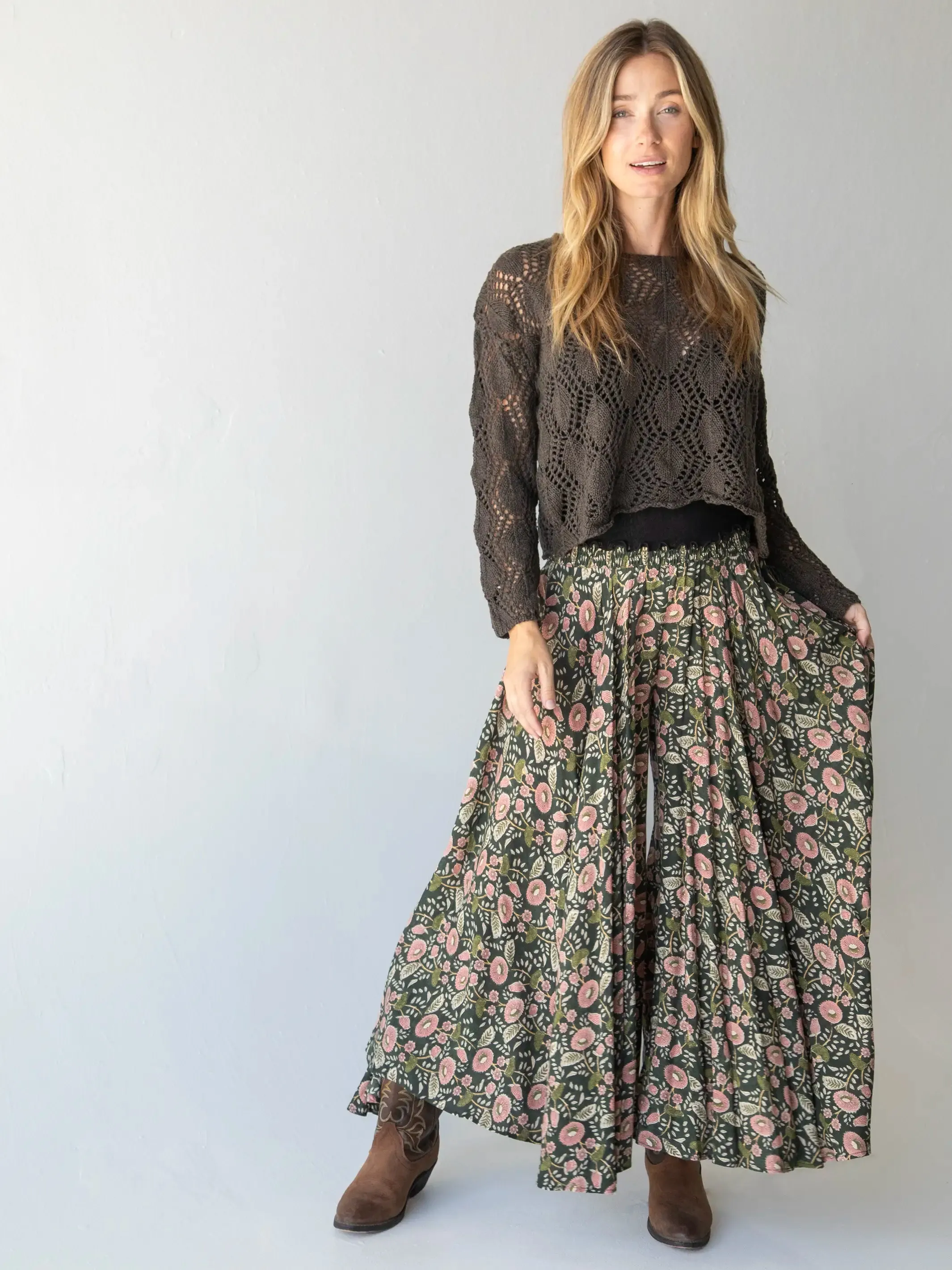 Wanderlust Palazzo Pant - Dark Green Pink Floral Vines