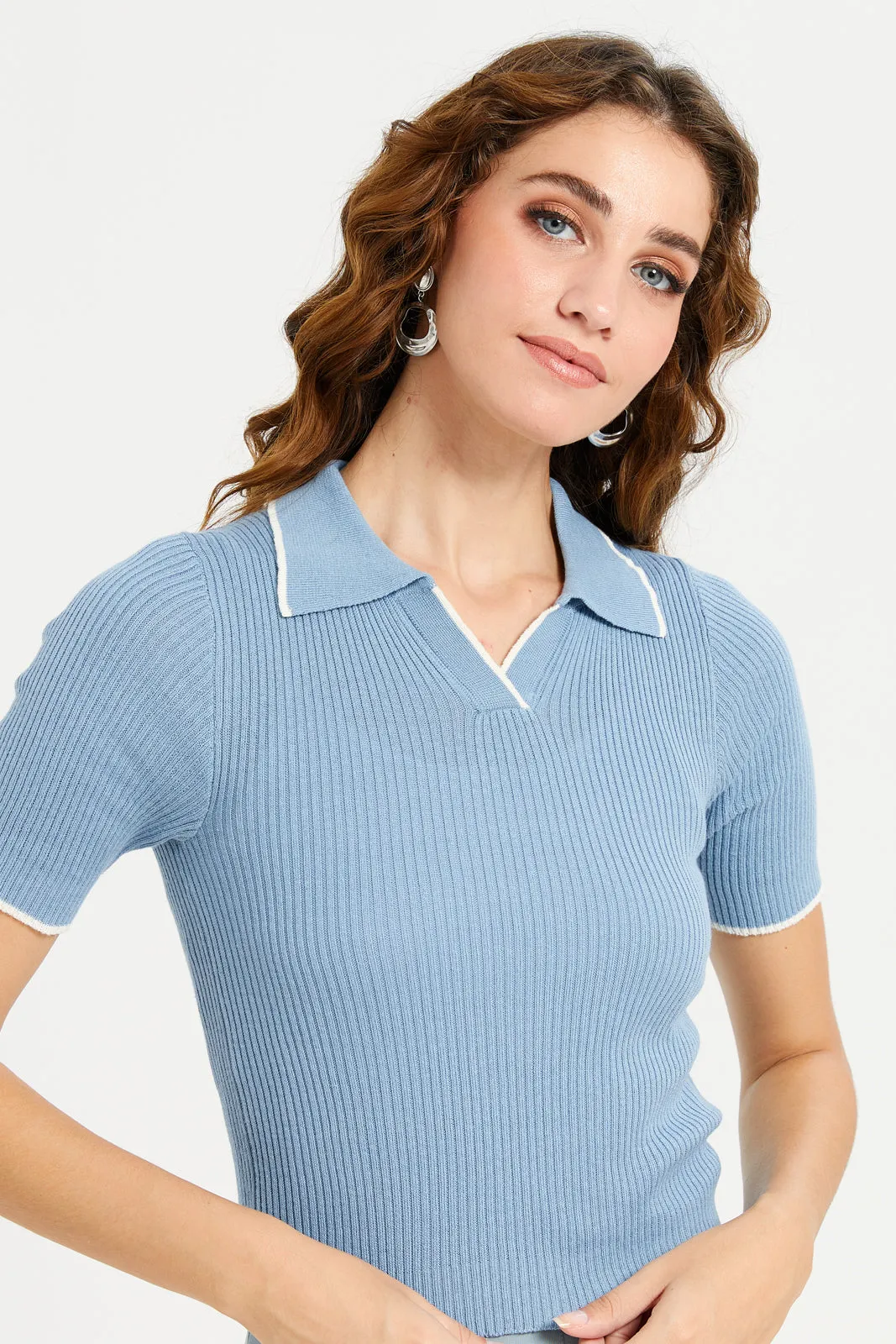 Women Blue Plain Piping Polo T-Shirt