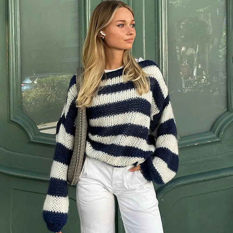 Women's Striped Knit Sweater - Cozy Long-Sleeve Color Block Pullover