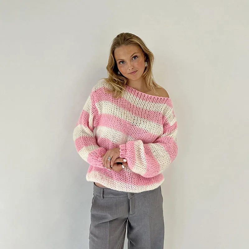 Women's Striped Knit Sweater - Cozy Long-Sleeve Color Block Pullover